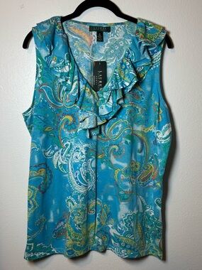 Lauren Ralph Lauren Turquoise Paisley Ruffle V-Neck Cotton Tank Top